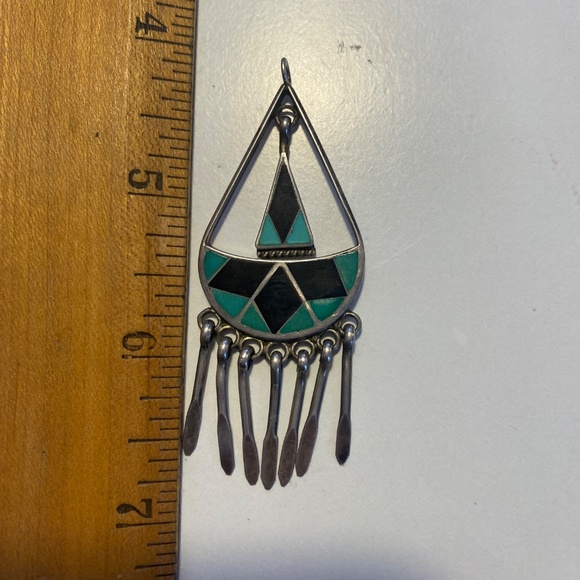 Zuni Turquoise Onyx Inlay Silver Pendant Signed Ricky Lateyice - Picture 4 of 5